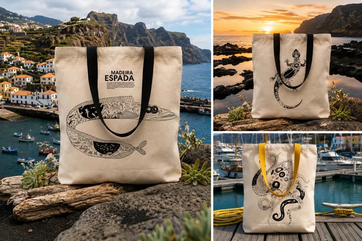 Collection of handmade LOUR lifestyle products featuring original hand-drawn Madeira-inspired illustrations, including tote bags, art prints and accessories with hidden island landmarks and wildlife.
