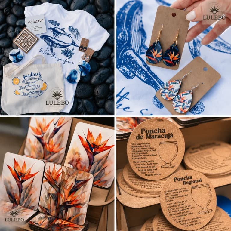 Selection of handmade Lulebo souvenirs from Madeira, including cotton bags, earrings, coasters, wooden games and lifestyle accessories featuring original Madeira-inspired illustrations by designer Sandra.