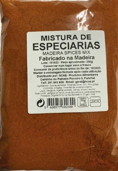 Madeira Spice Mix (Mistura de Especiarias) in a clear bag – locally made spice blend from Funchal.