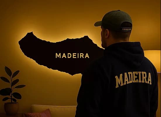 Handcrafted LED wall art of Madeira by wallamadeira, illuminated on a living room wall