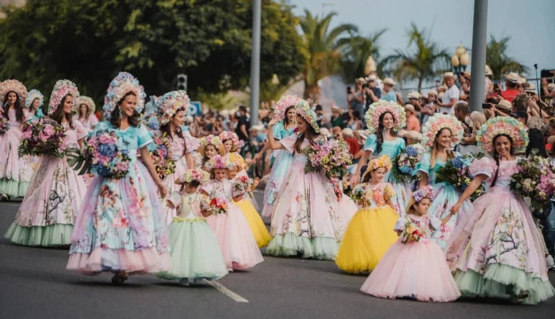 Colorful allegorical flower parade at the Festa da Flor in Funchal